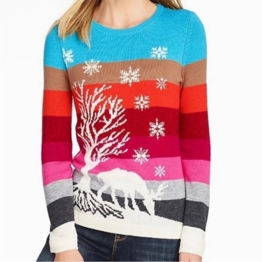 Talbots Multicolor Striped Sweater Snowflake Deer Design Women Size XL Lambswool